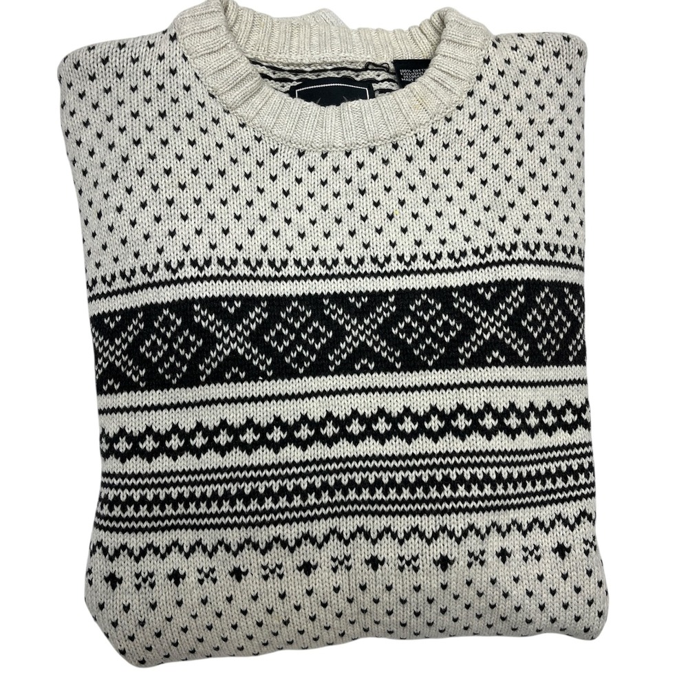 New Chaps Mens Sz Med Fair Isle Knit Sweater Cream Black Crew Neck‎ Long Sleeve